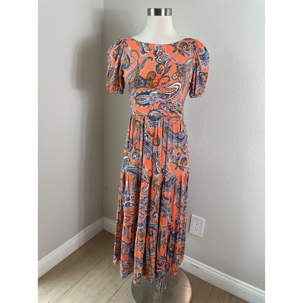 Boden Womens 4 Petite Orange Paisley Tiered Maxi Dress With Puff Sleeves Stretch